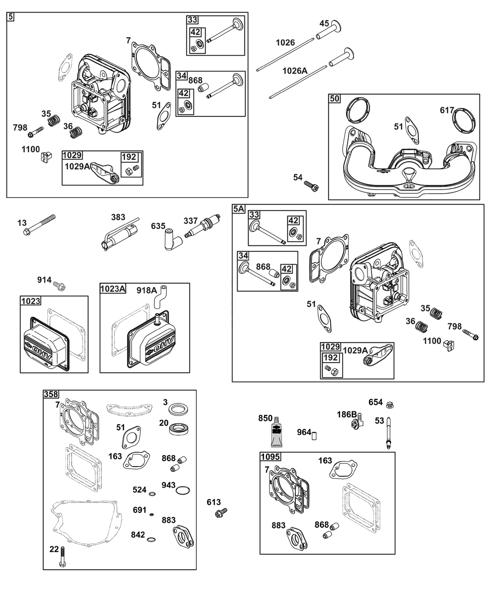 Cylinder Head Group Diagram and Parts List for 44U877-0012-B5 400000 - 699999 Briggs and Stratton Engine